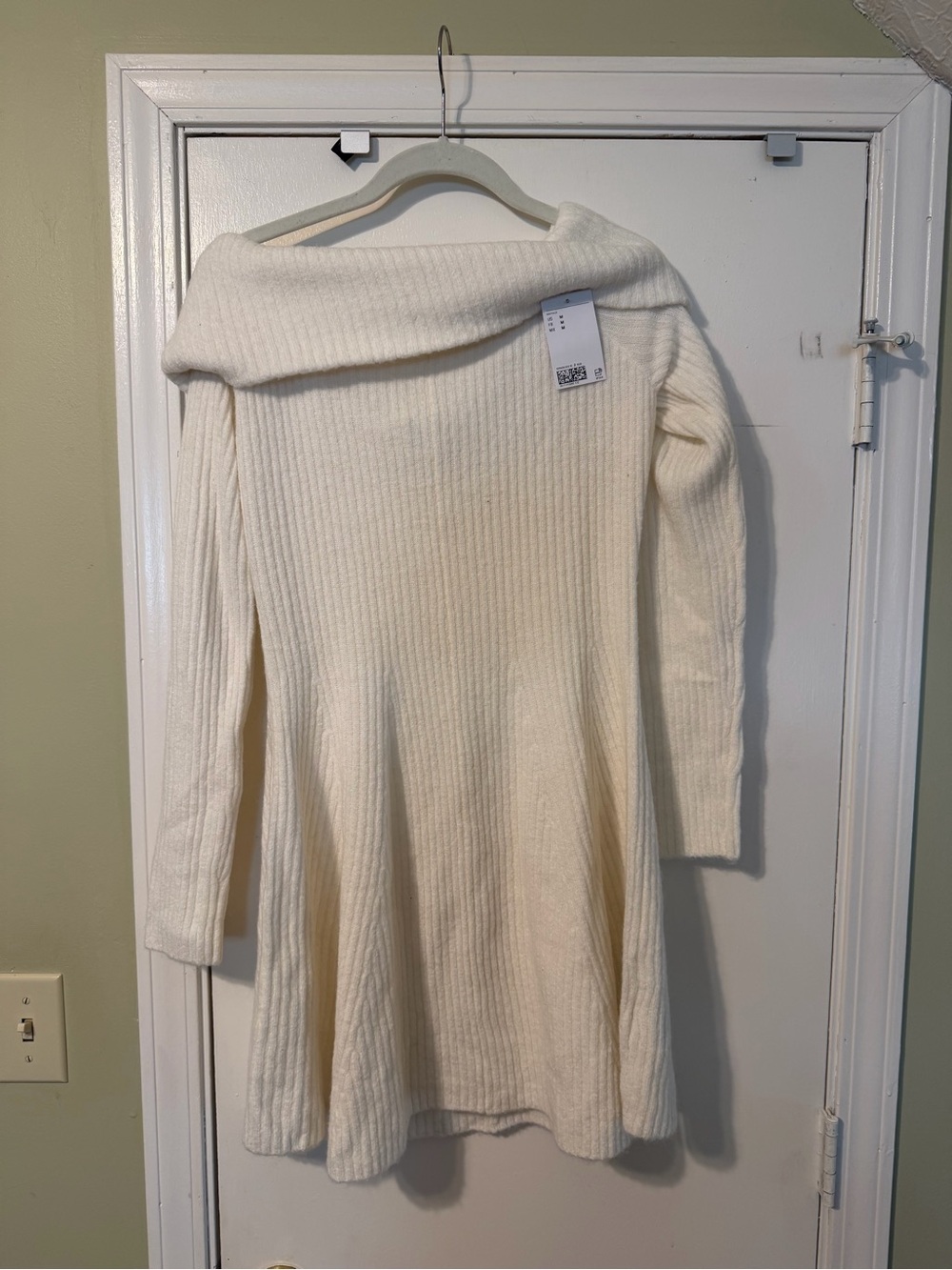 H&M Cream Off-Shoulder Ribbed Long Sleeve Dress
